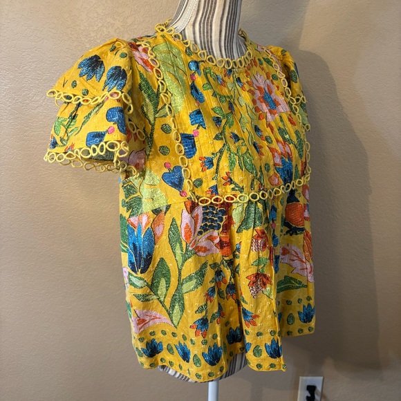 SALE! New FARM Rio Top XS Gold Yellow Floral Embroid Blouse 100% Cotton Peasant - Picture 5 of 15
